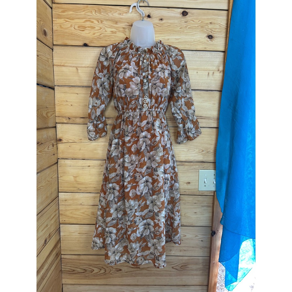 Rust Orange Floral Boho‎ Midi Dress Ruffle Neck Elastic Waist 3/4 Sleeve